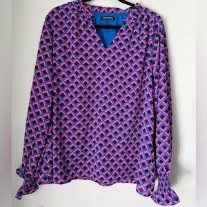 Bright Pink & Blue Geometric Long-Sleeve V-Neck Top XL Statement Vibrant